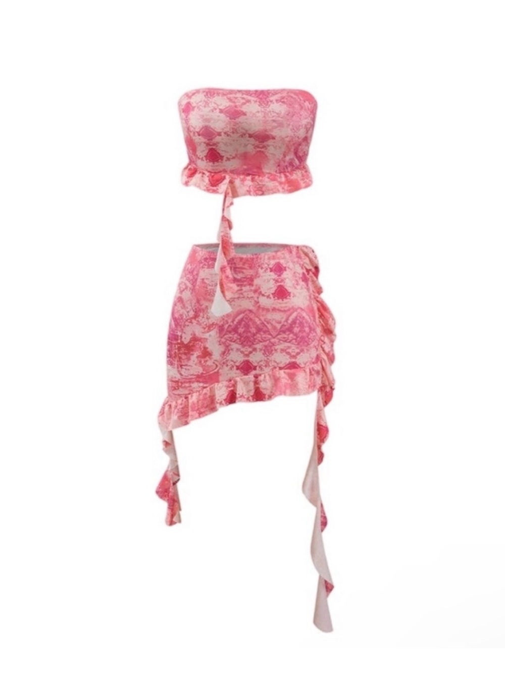 Micas Pink Printed Ruffle Asymmetrical Skirt & Top Set Size Small